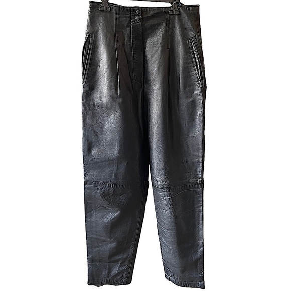 MAXIMA Vintage Black Leather High Waist Pleated Leather Trouser Pants Size 8 - Picture 1 of 9
